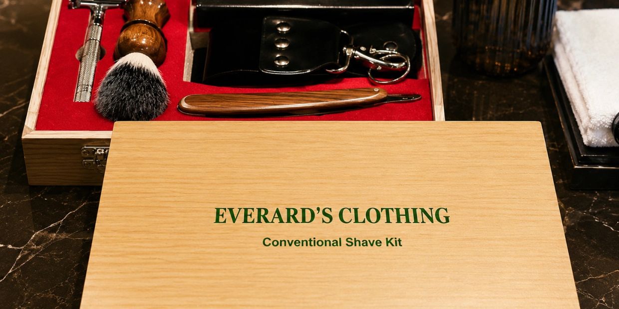 Everard's Clothing conventional shave kit with razor, brush, and leather case.