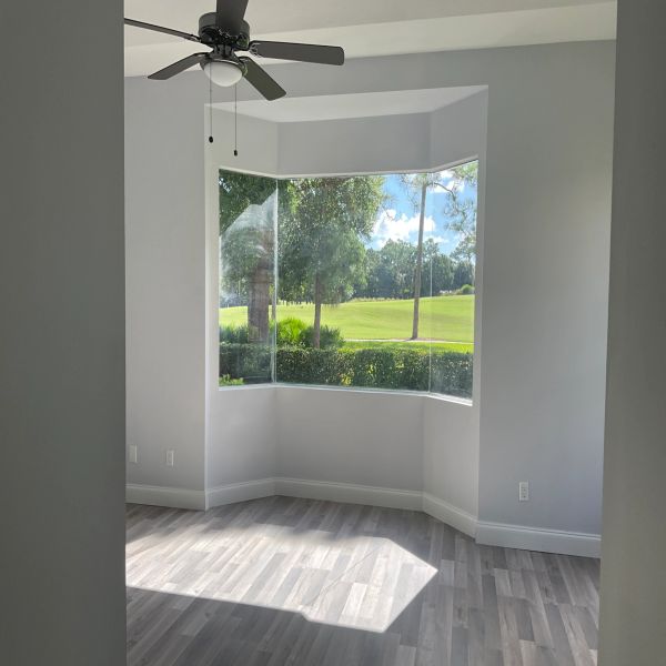 Ceiling fan install, painting, flooring removal, and new flooring, bay window installation