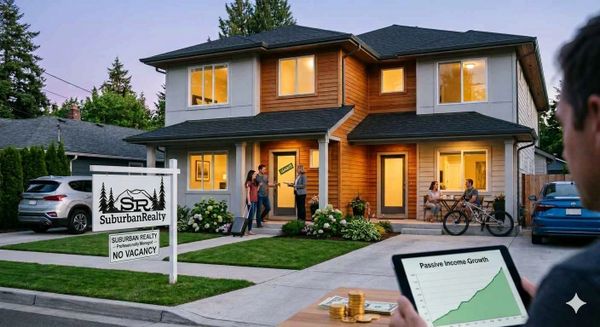 A family moves into a no-vacancy house while passive income growth is shown on a tablet.