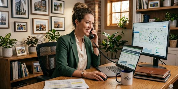 A woman in a green blazer talking on the phone at her desk with data charts on screens.