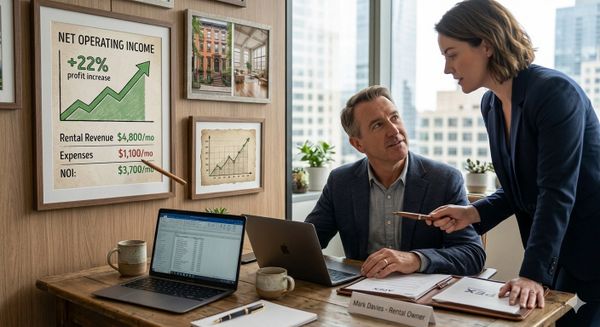 Business meeting discussing rental income and expenses in an office setting.