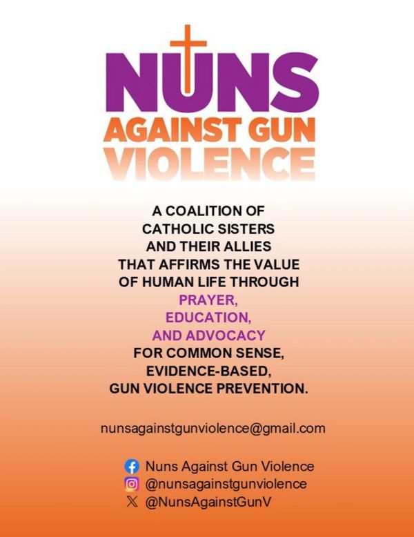 Nuns Against Gun Violence prayer card with mission statement.