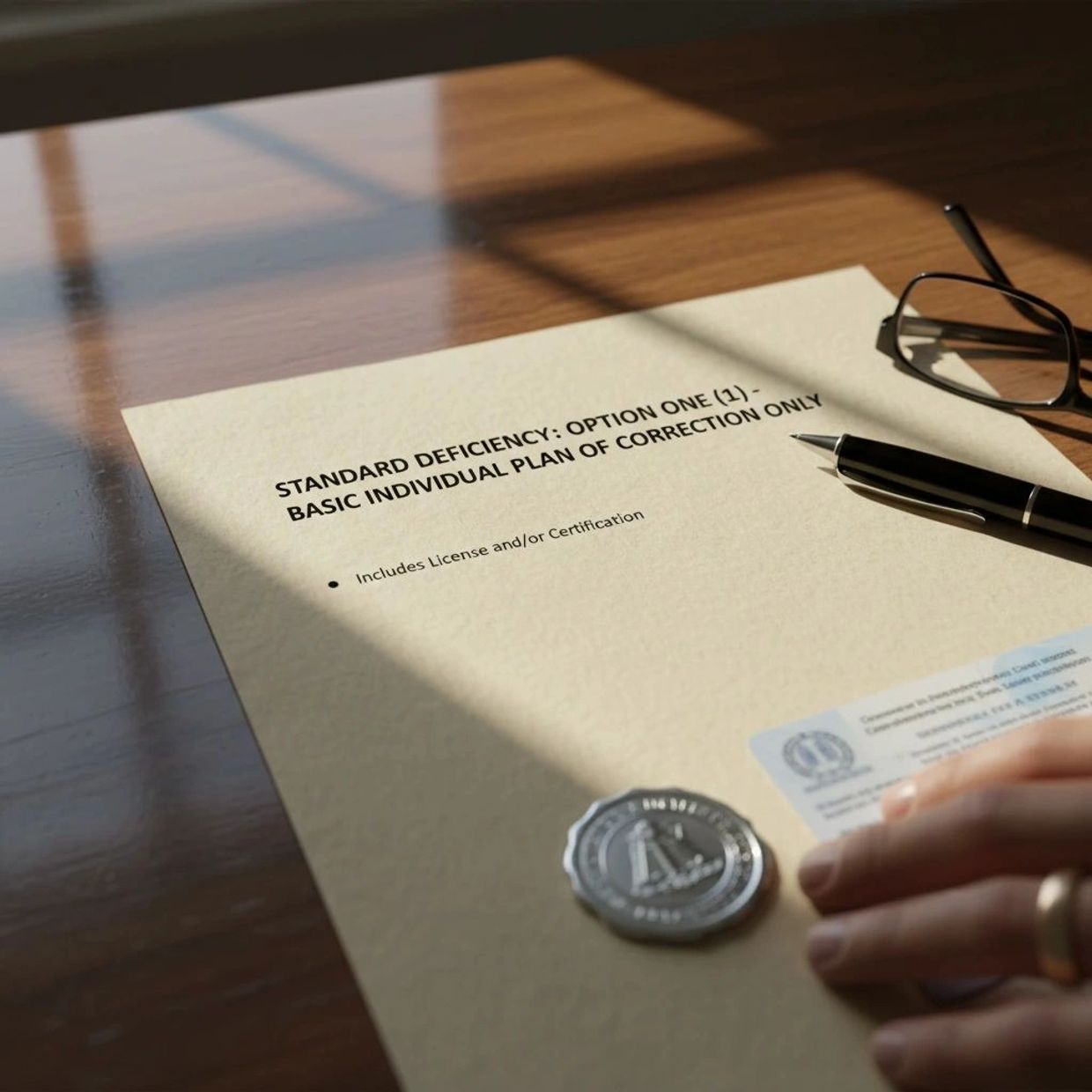 Document labeled 'STANDARD DEFICIENCY: OPTION ONE (1) - BASIC INDIVIDUAL PLAN OF CORRECTION ONLY' on a wooden table.
