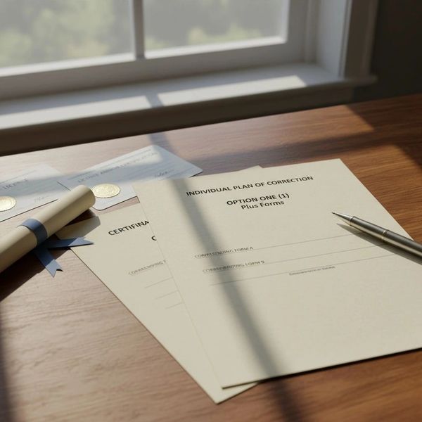 Documents and pen on a wooden desk by a window.