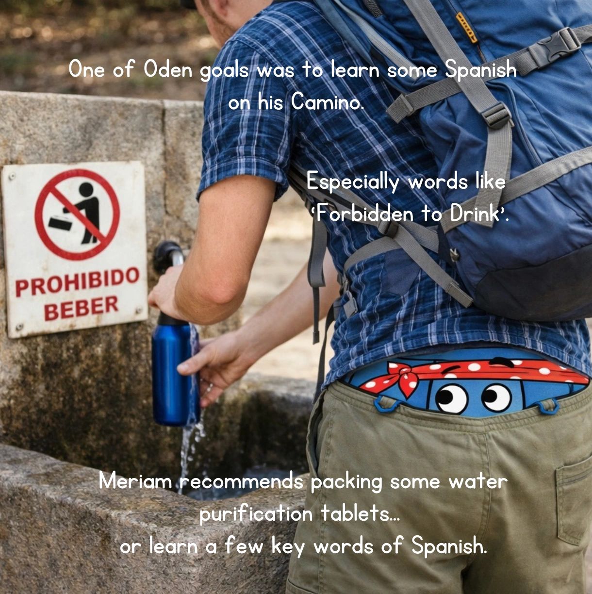 Hiker fills water bottle next to 'Prohibido Beber' sign, learning Spanish on Camino.