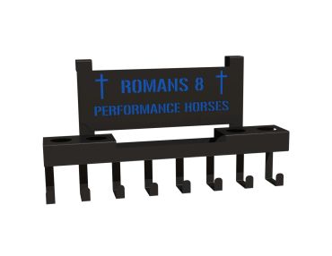 Black sign holder with hooks and blue text.