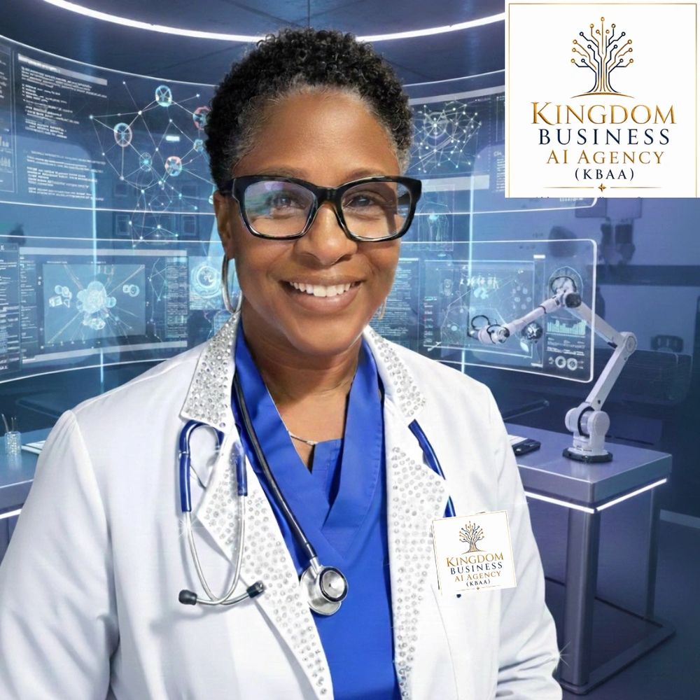 Smiling doctor in futuristic AI workspace.