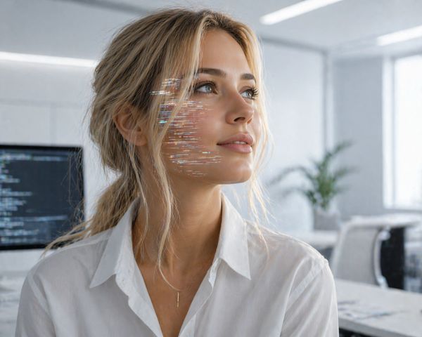 Young woman with digital code overlay on her face in a modern office.