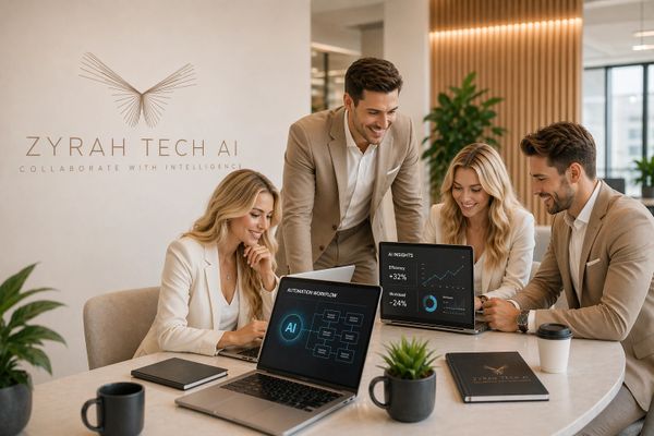 Four professionals collaborate around a table with AI technology laptops in a modern office.