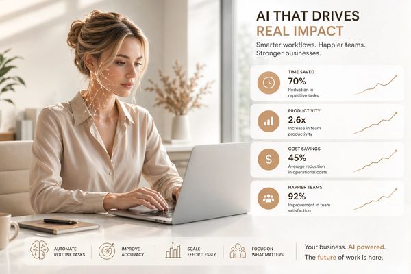 Professional woman working on a laptop showcasing AI benefits in business productivity and cost savings.