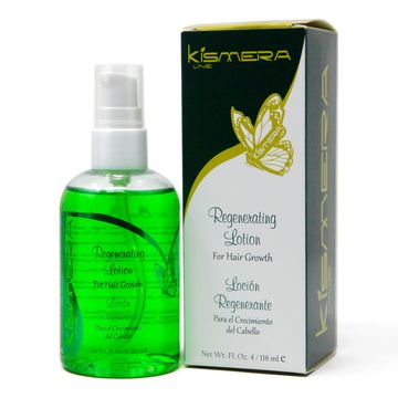 Kismera regenerating hair growth lotion with green liquid and butterfly logo.