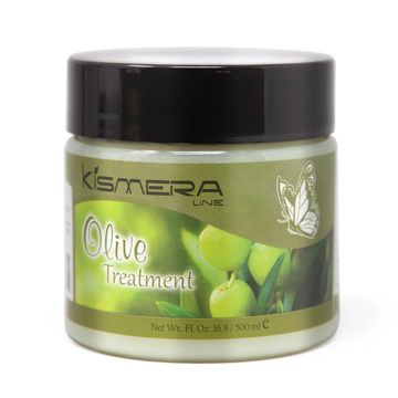 Kismera Line Olive Treatment jar with olives image.
