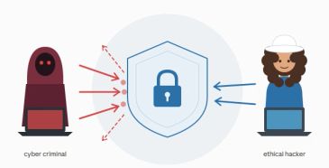 Illustration of cyber criminal and ethical hacker with security shield.