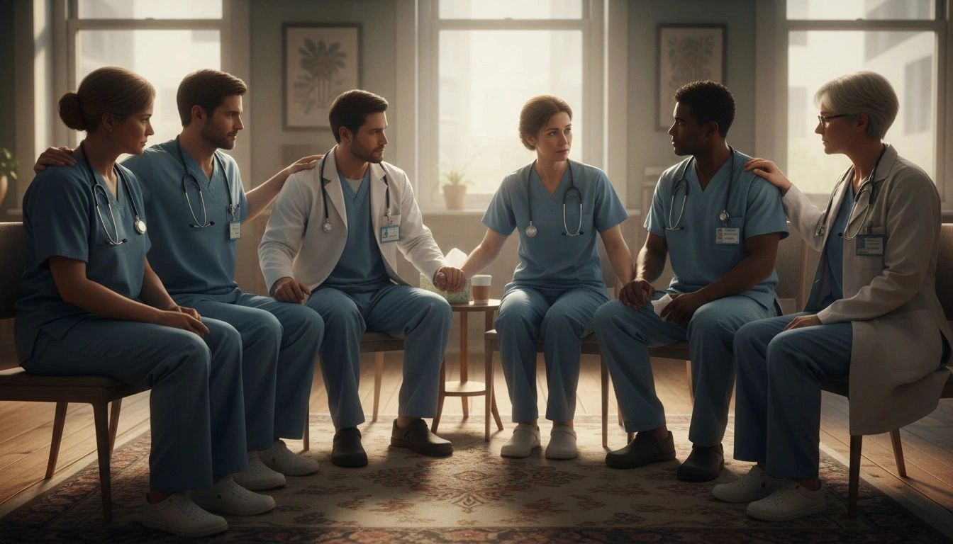 Medical team in scrubs supporting each other in a circle.