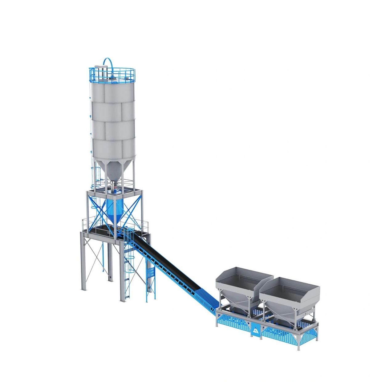 Industrial silo and conveyor system setup.