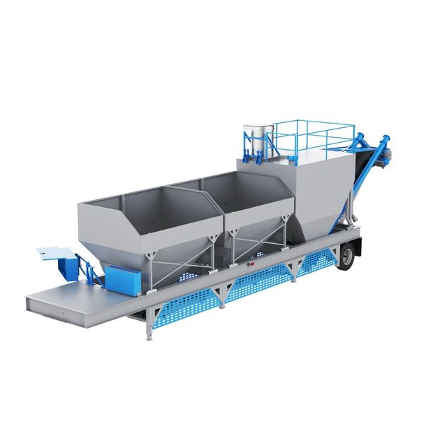 Industrial concrete batching machine in gray and blue.
