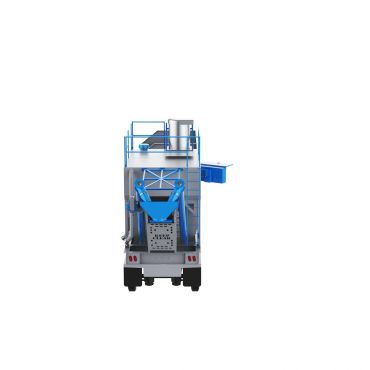 Front view of a compact industrial packaging machine with blue accents.