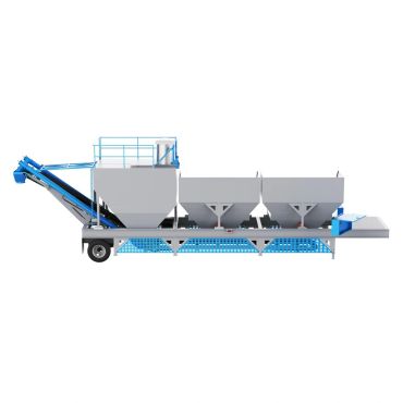 Side view of a large industrial mobile batching plant with conveyor belt.