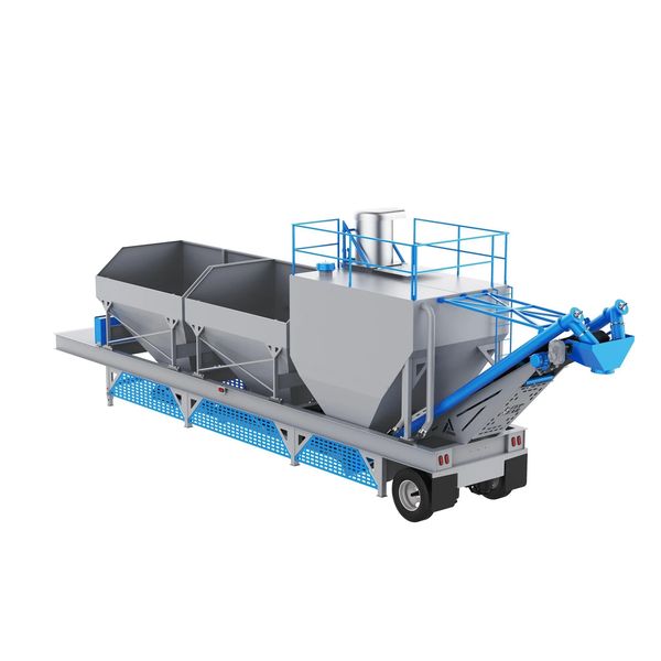 Industrial concrete batching machine with hopper and conveyor system.