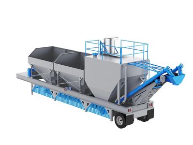 Mobile industrial conveyor system with hoppers and blue railing.