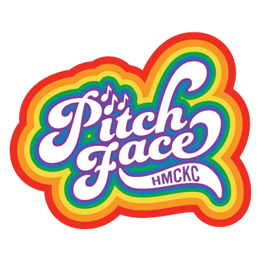 Colorful 'Pitch Face HMC KC' logo with musical notes and rainbow border.