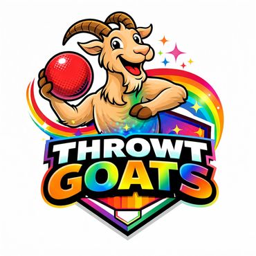 Cheerful goat holding a red ball with colorful rainbow and text 'Throwt Goats'.