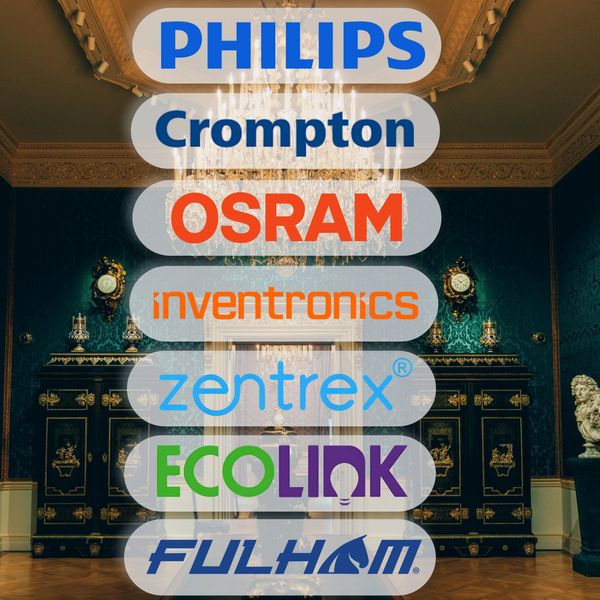 Various lighting brand logos displayed against an opulent room backdrop.