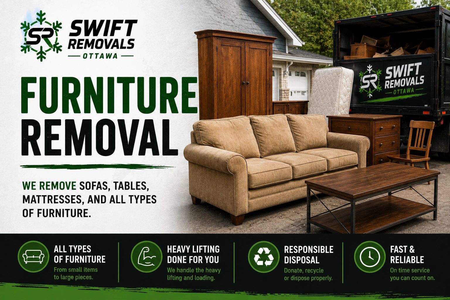 Furniture removal service with lifting and responsible disposal.