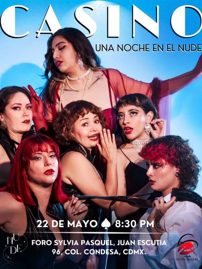 Promotional poster for Casino event at Nude featuring six women in glamorous attire.