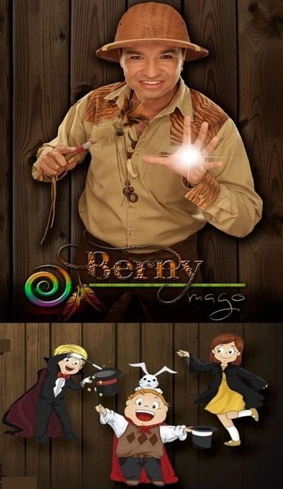 Magician Berny Amago with animated characters performing magic tricks.