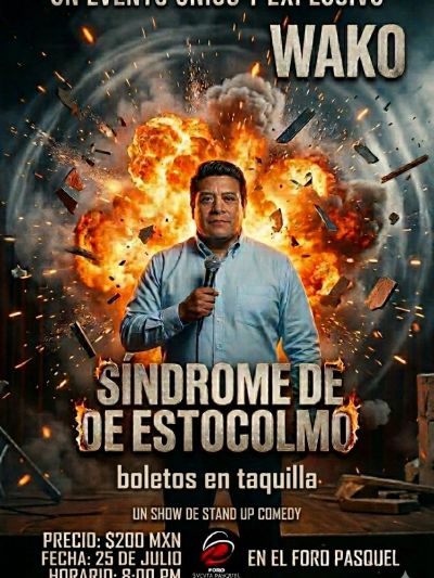 Stand-up comedy show poster with explosive background and host holding a microphone.