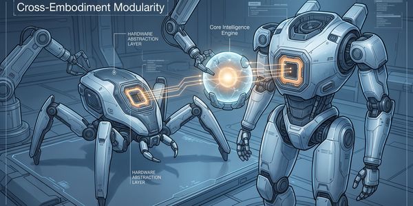 Robots sharing core intelligence via modular connectivity.