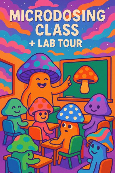 Colorful cartoon mushrooms attending a microdosing class and lab tour.