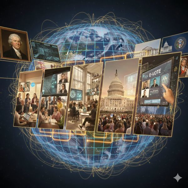Collage showing modern voting technology, government, and global connectivity.