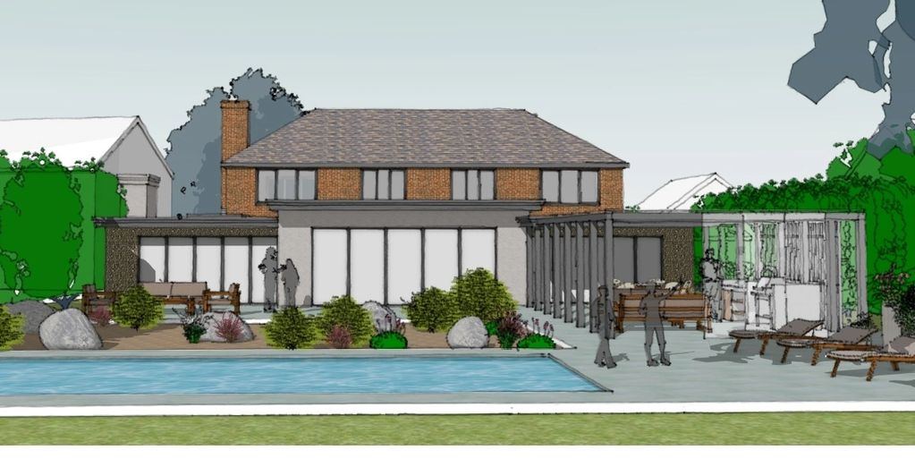 3D render of extensions, outdoor entertaining space and swimming pool at rear of house.