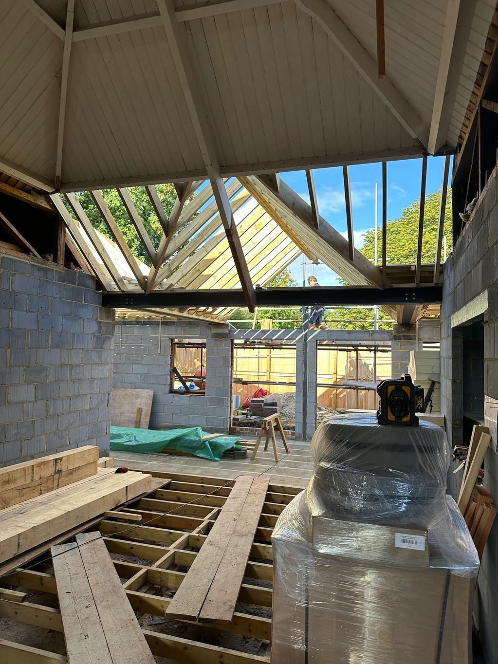 View of completed roof structure to village hall extension