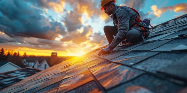Worker repairing a roof at sunset.