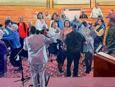 Congregation worshipping in a church with a choir conductor.