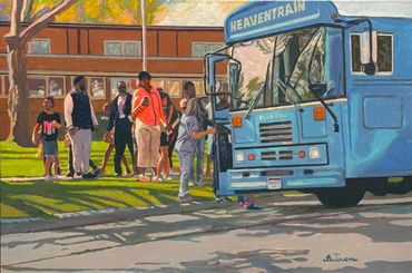 People boarding a blue bus labeled HEAVENTRAIN.