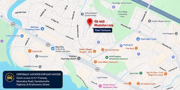 Map highlighting 98-660 Moanalua Loop near Pearl Horizons in Pearlridge, Hawaii.