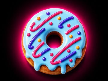 Colorful donut with blue icing and vibrant sprinkles glowing on black background.