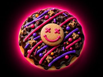 Colorful donut with smiley cookie and bright neon glow.