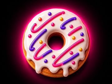 Colorful frosted donut with sprinkles on a glowing pink background.