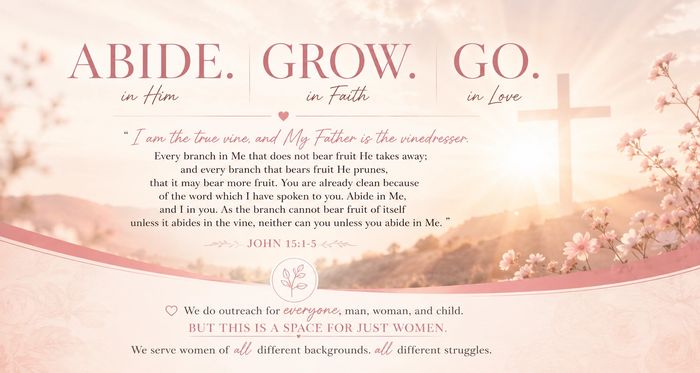 Soft pink Christian ministry banner with John 15:1-5, a sunrise,cross silhouette,and floral accents.
