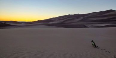 sand dunes at sunset with dog