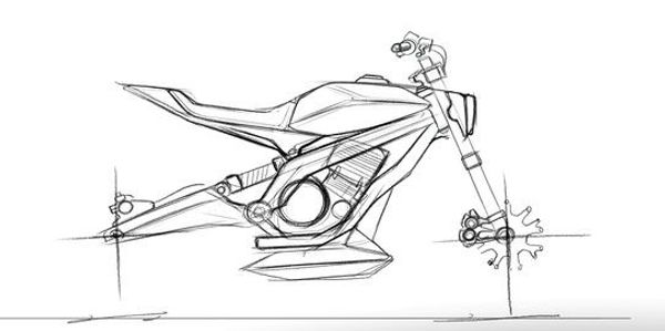 Side view sketch of a futuristic AZE electric motorcycle by AZE AUTOMOTIVE