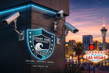 Security cameras installed near a Las Vegas sign during sunset.