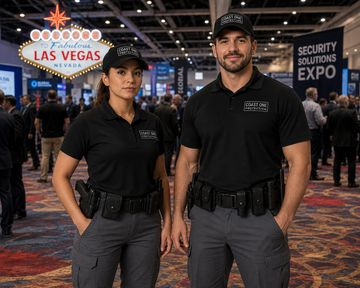 Two security officers standing at a Las Vegas expo.