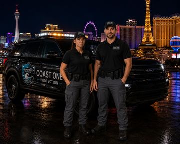 Two security guards standing by a patrol vehicle at night.