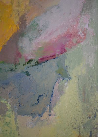 Abstract painting with soft pastel colors and textured brushstrokes.
